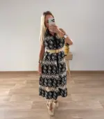Vestido midi sin mangas beige bordado con cinturón - Imagen 2