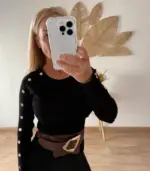 Jersey canalé de cuello redondo con botones dorados en mangas - Imagen 4