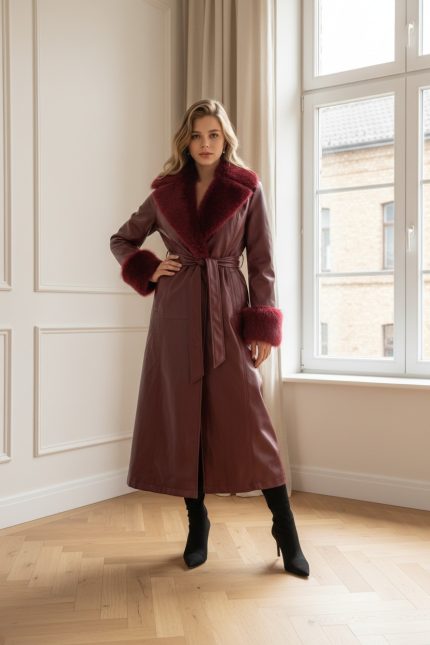 Abrigo largo de polipiel color burdeos con cinturón y cuello y puños de pelo sintético, combinado con botas altas negras.
