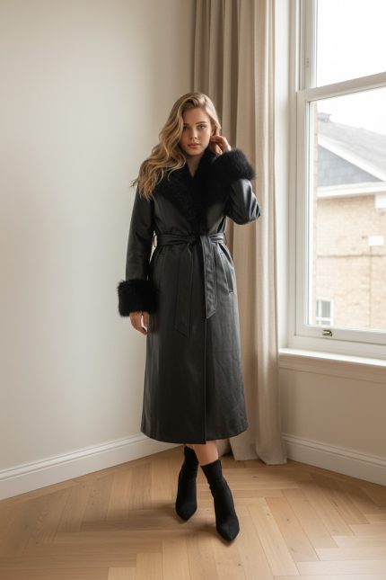 Abrigo largo de polipiel color burdeos con cinturón y cuello y puños de pelo sintético, combinado con botas altas negras.