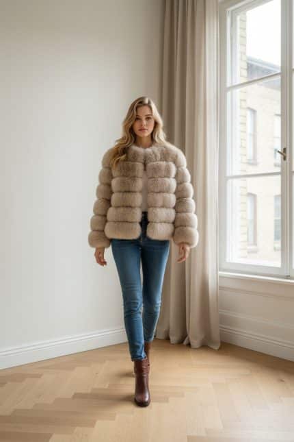 Mujer caminando en interior luminoso con abrigo corto de pelo voluminoso color beige, jeans ajustados azules y botines marrones.