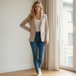 Americana sport beige entallada para mujer combinada con camiseta blanca y vaqueros ajustados.