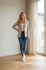 Americana sport beige entallada para mujer combinada con camiseta blanca y vaqueros ajustados.