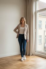 Americana sport beige entallada para mujer combinada con camiseta blanca y vaqueros ajustados.