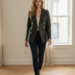 Americana de polipiel negra de mujer con doble botonadura dorada, corte entallado, combinada con camiseta beige y jeans oscuros.