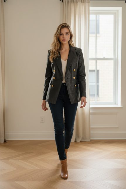 Americana de polipiel negra de mujer con doble botonadura dorada, corte entallado, combinada con camiseta beige y jeans oscuros.