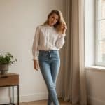 Mujer con camisa blanca de manga larga y cuello mao, abotonada al frente, combinada con pantalón gris claro y zapatillas blancas.