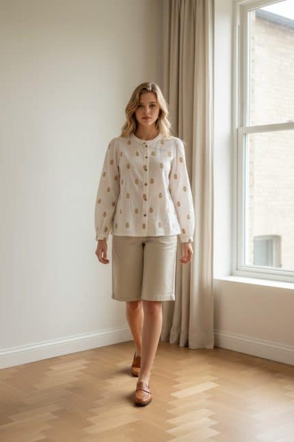 Blusa blanca de manga larga con botones frontales y estampado repetido dorado, cuello redondo fruncido y puños elásticos.