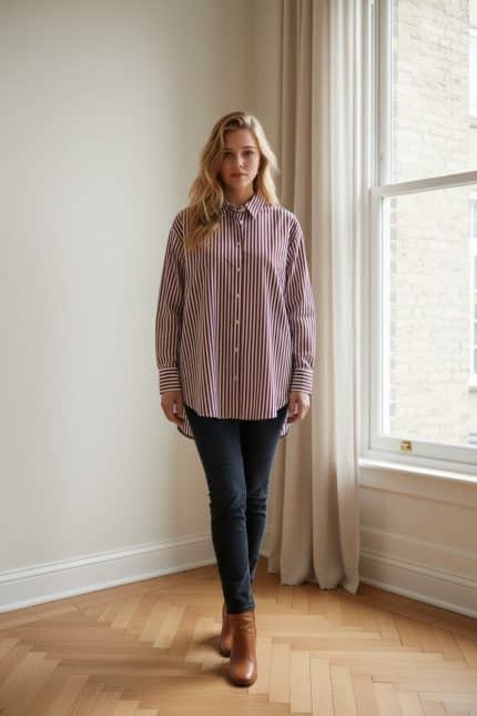 Camisa larga de rayas verticales en burdeos y blanco, de corte recto y manga larga