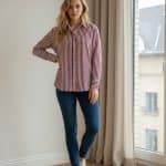 Camisa larga de rayas verticales en burdeos y blanco, de corte recto y manga larga, combinada con jeans oscuros.