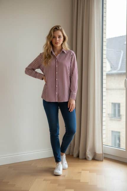 Camisa larga de rayas verticales en burdeos y blanco, de corte recto y manga larga, combinada con jeans oscuros.