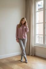 Camisa rosa de manga larga con cierre de botones frontales y volantes decorativos en pechera y puños.