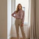 Camisa rosa de raso con volantes y manga larga