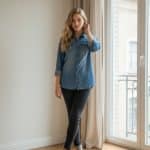 Camisa de mezclilla de manga larga para mujer con cierre de botones metálicos y dos bolsillos frontales con solapa.