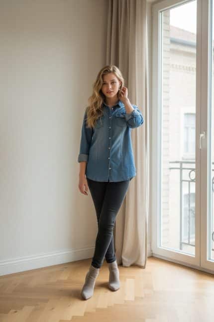 Camisa de mezclilla de manga larga para mujer con cierre de botones metálicos y dos bolsillos frontales con solapa.