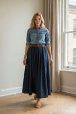 Camisa de mezclilla de manga larga para mujer con cierre de botones metálicos y dos bolsillos frontales con solapa.