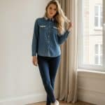 Camisa de mezclilla azul denim de manga larga para mujer con cierre de botones y perlas en cuello y bolsillos frontales.