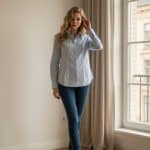 Mujer joven caminando en una habitación luminosa junto a una ventana, vestida con una camisa azul larga y zapatos claros.