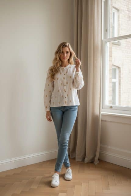 Blusa blanca de manga larga con botones frontales y estampado repetido dorado, cuello redondo fruncido y puños elásticos.