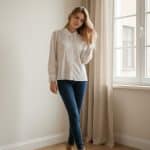 Camisa blanca semitransparente con detalles de encaje en el frontal y mangas largas.