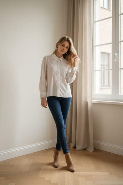 Camisa blanca semitransparente con detalles de encaje en el frontal y mangas largas.