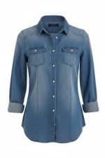 Camisa de mezclilla de manga larga para mujer con cierre de botones metálicos y dos bolsillos frontales con solapa.