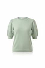 Camiseta punto fino mangas corta abullonadas caladas verde - Imagen 4