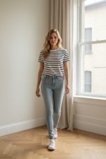 Camiseta de manga corta blanca con rayas horizontales rojas y cuello redondo rojo, vista frontal sobre fondo neutro.