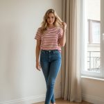 Camiseta de manga corta blanca con rayas horizontales rojas y cuello redondo rojo, vista frontal sobre fondo neutro.