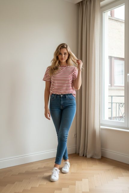 Camiseta de manga corta blanca con rayas horizontales rojas y cuello redondo rojo, vista frontal sobre fondo neutro.