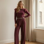 Camiseta de manga larga color burdeos en tejido de punto acanalado, corte ajustado, cuello redondo y detalle de volante en los hombros.