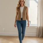 Mujer con camiseta blanca sin mangas y jeans azules usando un chaleco abierto color camel con detalles perforados decorativos, en interior con luz natural.