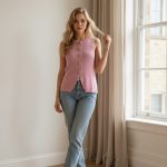 Chaleco rosa pastel de punto sin mangas, con cuello redondo y cierre frontal asimétrico adornado con botones dorados decorativos en forma de sol, estrella y concha, sobre maniquí transparente.