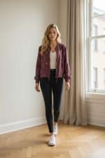 Chaqueta bomber corta color burdeos con cierre de cremallera frontal y bordados pequeños en forma de estrella en toda la prenda.