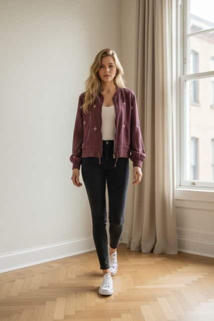 Chaqueta bomber corta color burdeos con cierre de cremallera frontal y bordados pequeños en forma de estrella en toda la prenda.