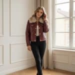 Chaqueta corta de polipiel marrón con cuello de pelo sintético, cierre frontal con botones metálicos y bolsillos con solapa.