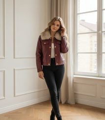 Chaqueta corta de polipiel marrón con cuello de pelo sintético, cierre frontal con botones metálicos y bolsillos con solapa.