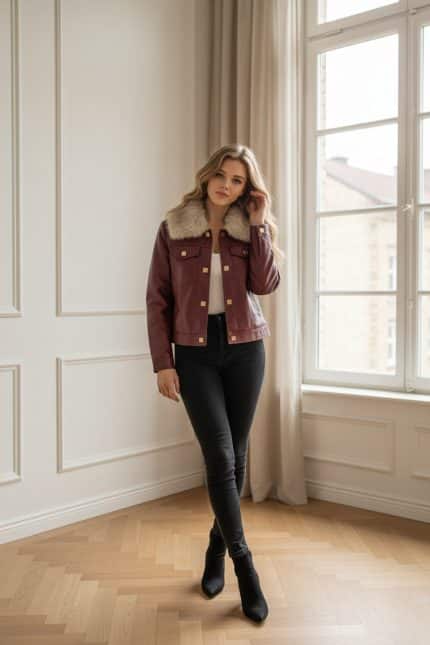 Chaqueta corta de polipiel marrón con cuello de pelo sintético, cierre frontal con botones metálicos y bolsillos con solapa.