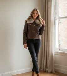 Chaqueta corta de polipiel marrón con cuello de pelo sintético, cierre frontal con botones metálicos y bolsillos con solapa.