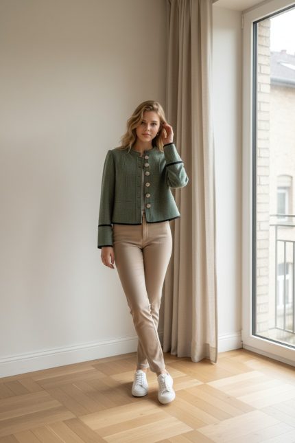 Mujer caminando con chaqueta entallada verde oliva de botones frontales, sin solapas, combinada con pantalón oscuro y zapatillas blancas.