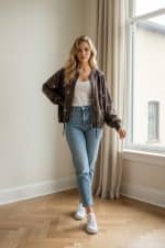 Chaqueta bomber corta color marrón con cierre de cremallera frontal y bordados pequeños en forma de estrella en toda la prenda.