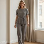 Conjunto femenino plisado gris compuesto por blusa de manga corta con cintura ajustable y pantalón palazzo, usado en interior junto a una ventana.
