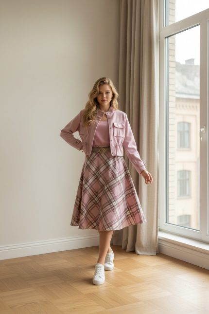 Falda midi de corte evasé con estampado de cuadros en tonos rosa y beige, con cinturón fino y hebilla circular.