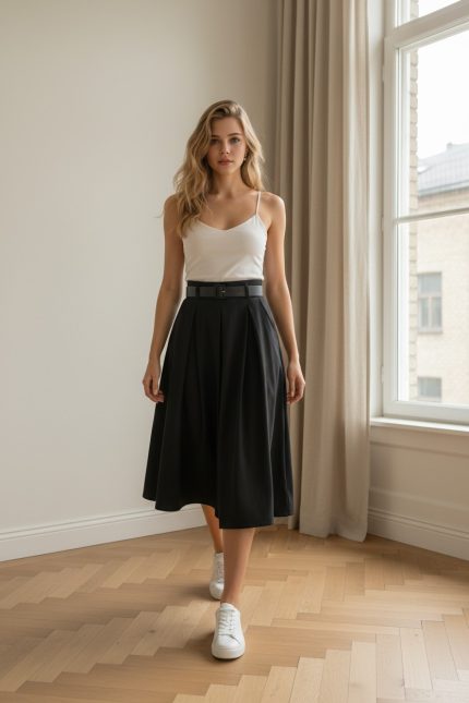 Falda midi azul marino de vuelo con cintura alta y cinturón negro, combinada con blusa beige y botines marrones.