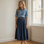 Falda midi vaquera de vuelo con cintura alta y cinturón negro, combinada con blusa beige y botines marrones.