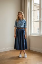 Falda midi vaquera de vuelo con cintura alta y cinturón negro, combinada con blusa beige y botines marrones.