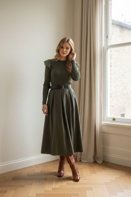 Falda midi verde de vuelo con cintura alta y cinturón negro, combinada con blusa beige y botines marrones.