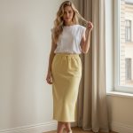 Falda deportiva midi color amarillo pastel con cintura elástica y cordón ajustable, combinada con camiseta blanca y zapatillas.