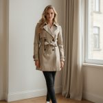 gabardina tipo trench coat clásica, color beige arena (khaki claro), de largo medio-corto, doble botonadura, cinturón anudado, hombreras con charreteras y puños ajustables. Silueta entallada femenina.