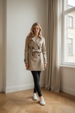 gabardina tipo trench coat clásica, color beige arena (khaki claro), de largo medio-corto, doble botonadura, cinturón anudado, hombreras con charreteras y puños ajustables. Silueta entallada femenina.